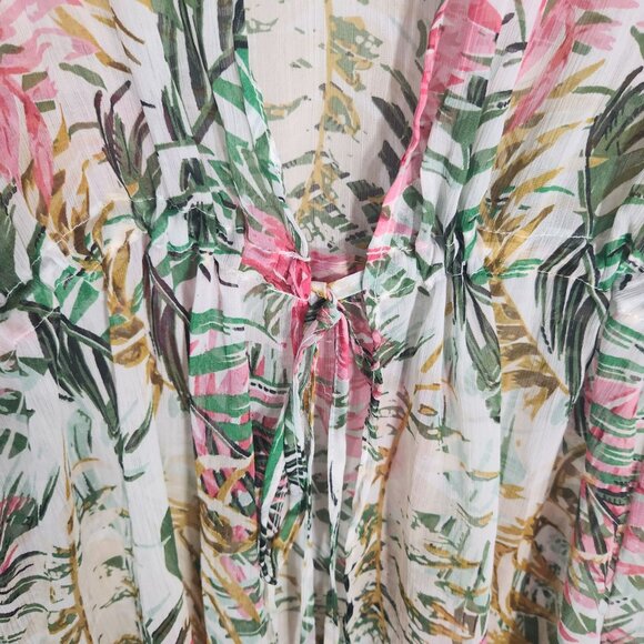 Nine West Sheer Kimono Cardigan Tropical Print Pom-Pom Cover-Up Drawstring O/S - Picture 5 of 11